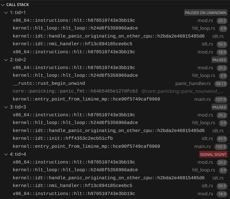 Screenshot of call stacks for the 4 CPUs in Vscodium