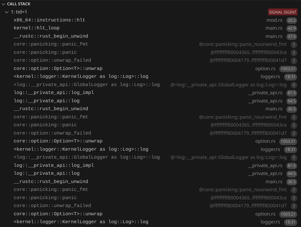 Screenshot of call stack